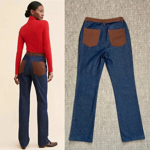 WeWoreWhat Icon Straight Leg Jean Size 31 Blue Denim with Brown Accent Pockets